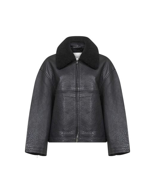 Studio Nicholson Black Erie Shearling-Collar Zip-Up Leather Coat
