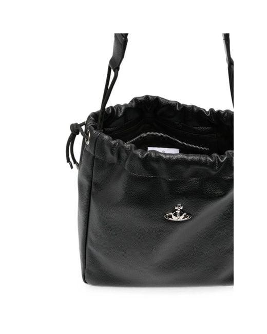 Vivienne Westwood Black Orb-Plaque Drawstring Shoulder Bag
