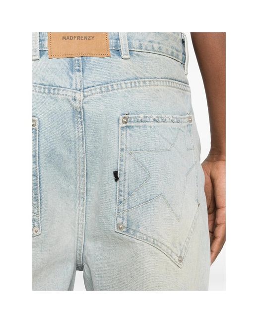 MADFRENZY Blue Distressed Bootcut Jeans for men