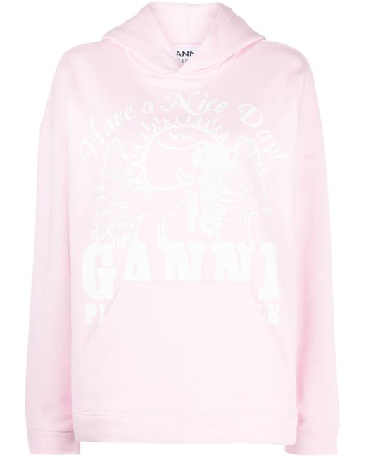 Ganni Pink Logo-print Organic Cotton Hoodie