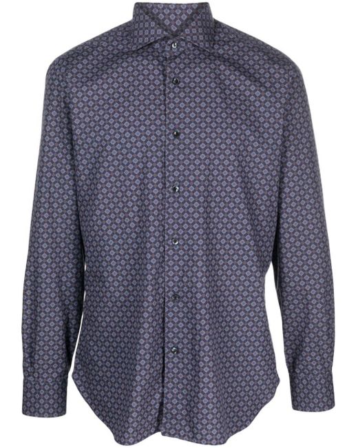 Barba Napoli Blue Geometric-Pattern Print Cotton Shirt for men
