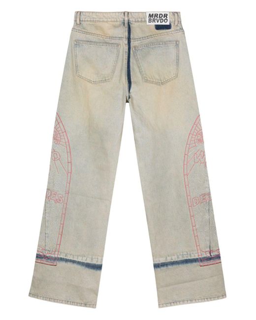 Who Decides War White Embroidered Motif Wide-Leg Jeans for men