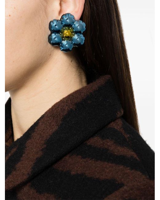 Marni Blue Metallic Floral Clip Earrings