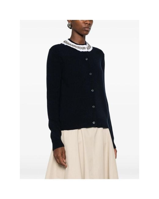 Prada Blue Crystal-Embellished Ruffled-Collar Cardigan