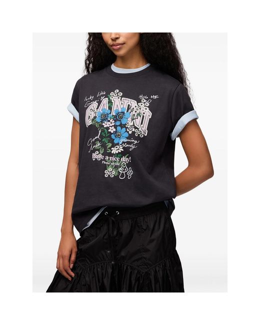 Ganni Black T-Shirt With Flowers