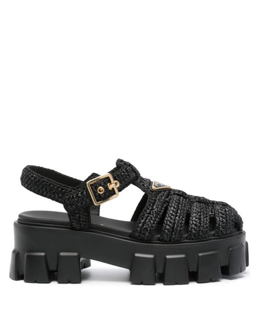 Prada Black Caged Flatform Raffia Sandals