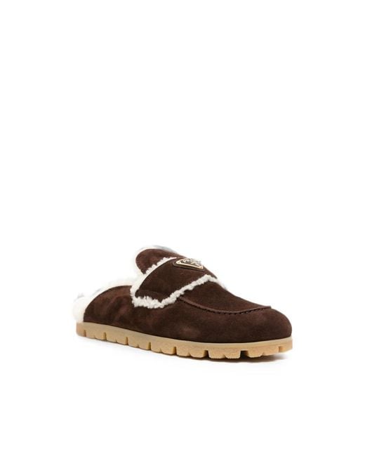 Prada Brown Shearling-Trim Logo-Plaque Suede Mules