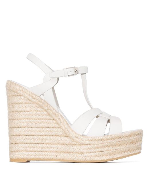 Saint Laurent Natural Tribute Wedge Espadrilles In Smooth Leather