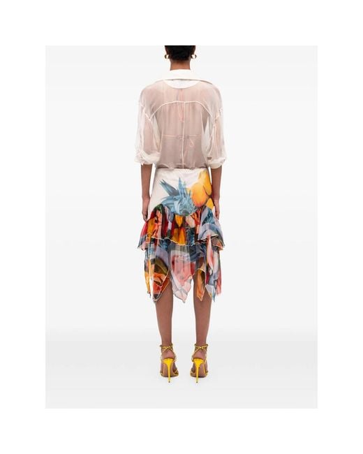 Donde Esteban Orange Ruffled Chiffon Silk Midi Skirt