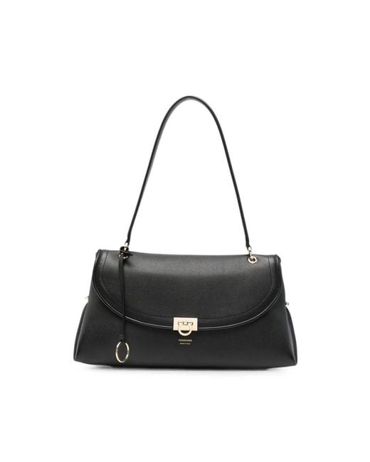 Ferragamo Black Gancini Pebbled Leather Tote Bag