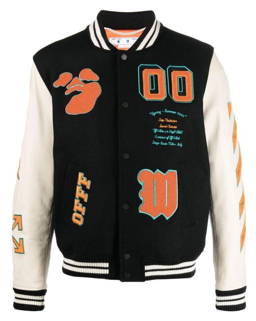off white logo patch varsity jacket