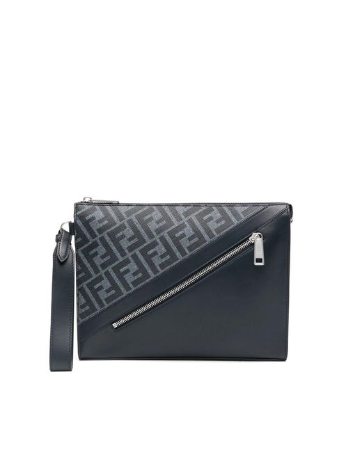Fendi Blue Diagonal Leather Clutch Bag for men