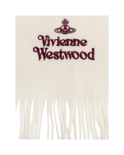 Vivienne Westwood White Embroidered-Logo Fringed Scarf for men