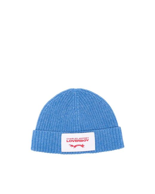 Charles Jeffrey Blue Chunky Logo-Patch Beanie Hat for men