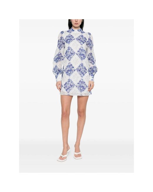 Twinset Blue Long-Sleeve Floral-Detail Mini Dress