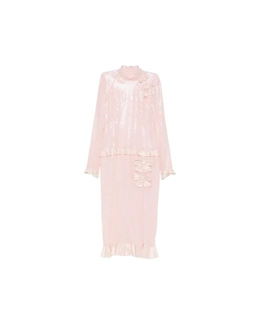 Alessandra Rich Pink Sequin-Embellished Bow-Detail Midi Dress