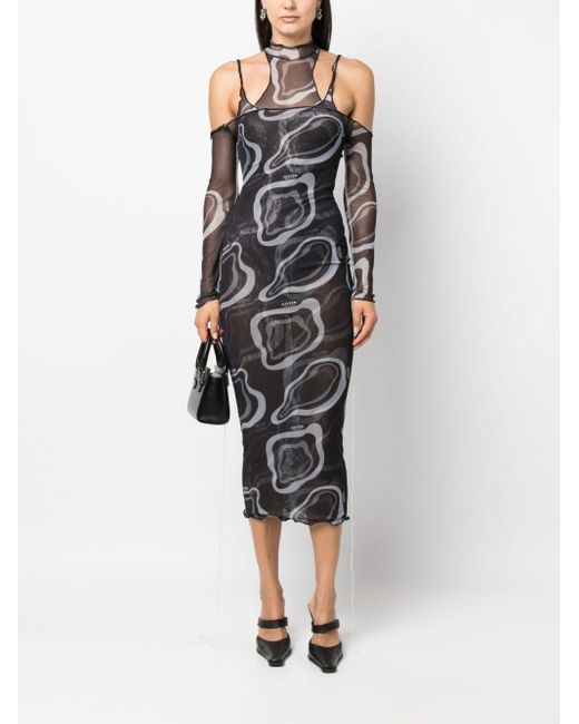 Julfer Black Janet Semi-Sheer Layered Midi Dress