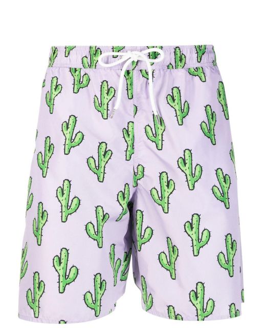 YES I AM Green Cactus-Print Drawstring Swim Shorts for men