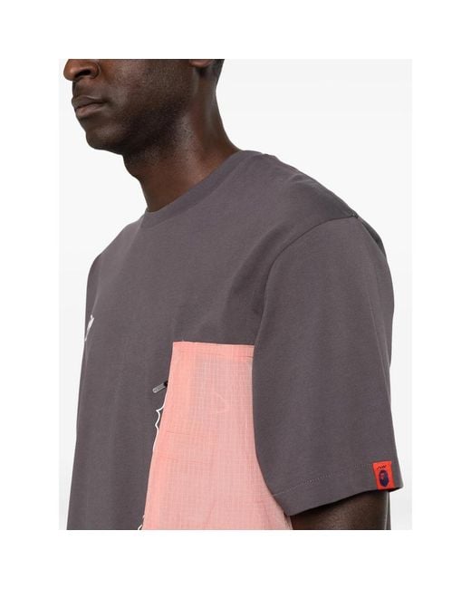 A Bathing Ape Gray Logo-Print Panelled T-Shirt for men