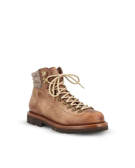 Brunello Cucinelli Brown Grained Calfskin Mountain-Style Boots With Wool And Cashmere Insert for men