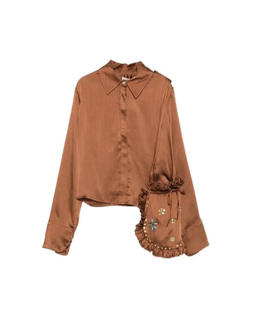Siedres Brown Pointed-Collar Buttoned Blouse