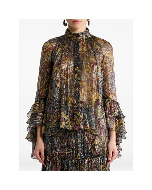Etro Brown Silk Shirt With Ruffle And Striped Floral Paisley Motif