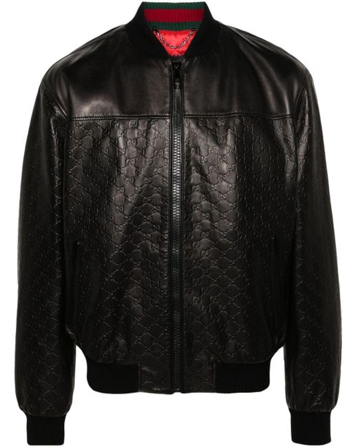 Gucci Black Monogram-debossed Relaxed-fit Leather Bomber Jacket for men