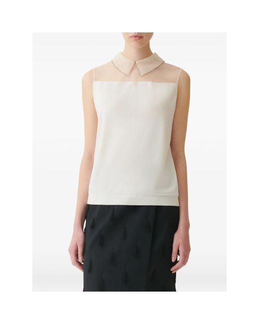 Fabiana Filippi White Lace-Collar Mesh-Yoke Blouse