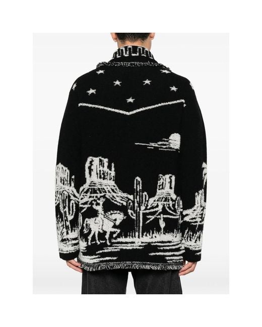 Alanui Black Intarsia-Knit Fringed Cardigan for men