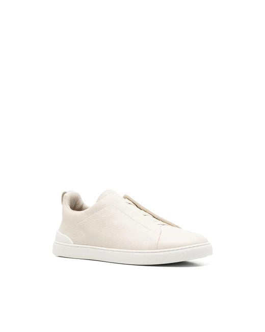 Zegna White Triple Stitch Grained Leather Sneakers for men