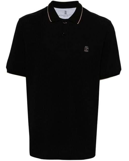 Brunello Cucinelli Black Embroidered-Logo Cotton Polo Shirt for men