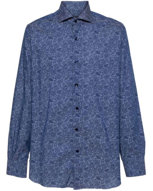Barba Napoli Blue Floral-Print Cotton Shirt for men