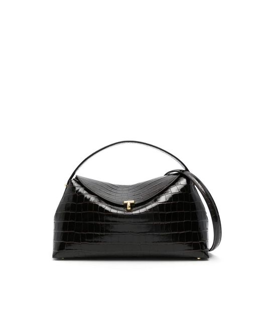 Totême Black T-Lock Croco-Embossed Top Handle Bag