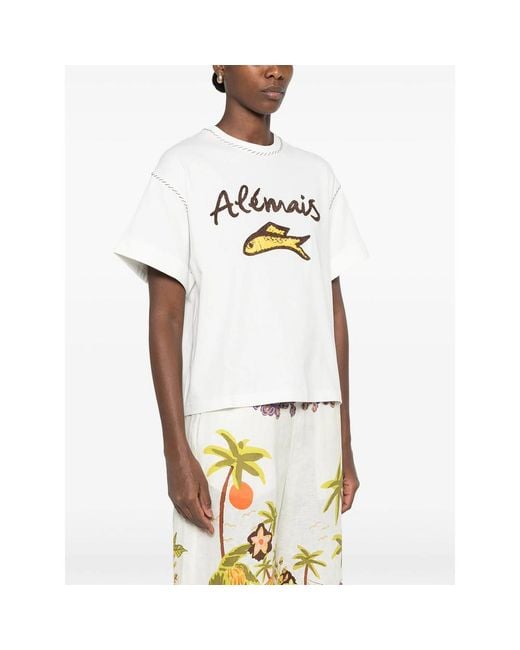 ALÉMAIS White Logo-Embroidered Cuffed T-Shirt