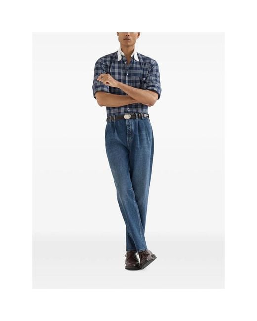 Brunello Cucinelli Blue Comfort Cotton Denim Iconic-Fit Five-Pocket Trousers With Double Pleats for men