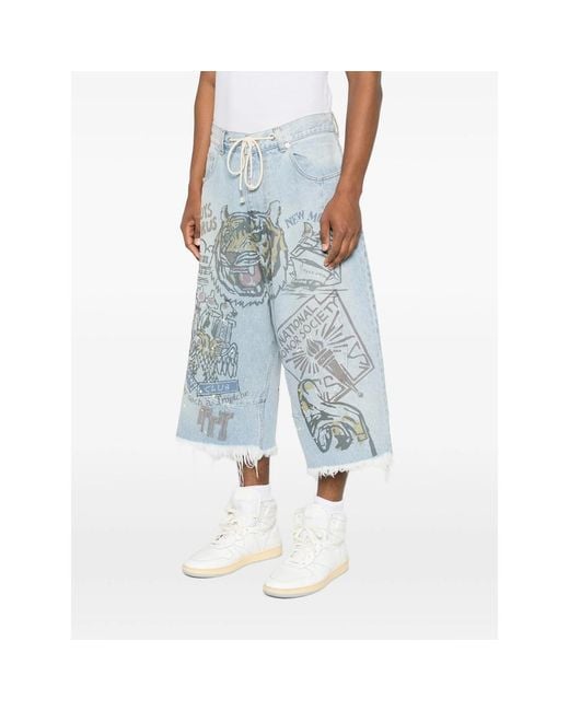 Secnd Slf Blue Graphic-Print Raw-Cut Shorts for men