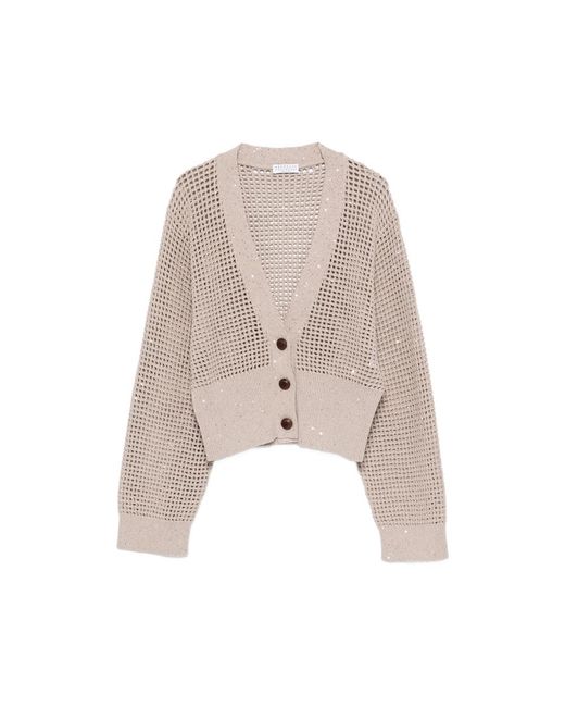 Brunello Cucinelli Natural Cadrigan Sequin Mesh Sweaters And Cardigans