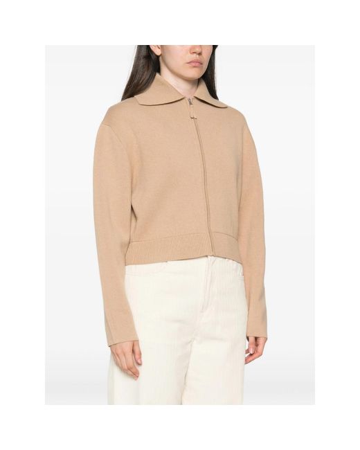 Allude Natural Zip-Up Ribbed-Trim Cardigan