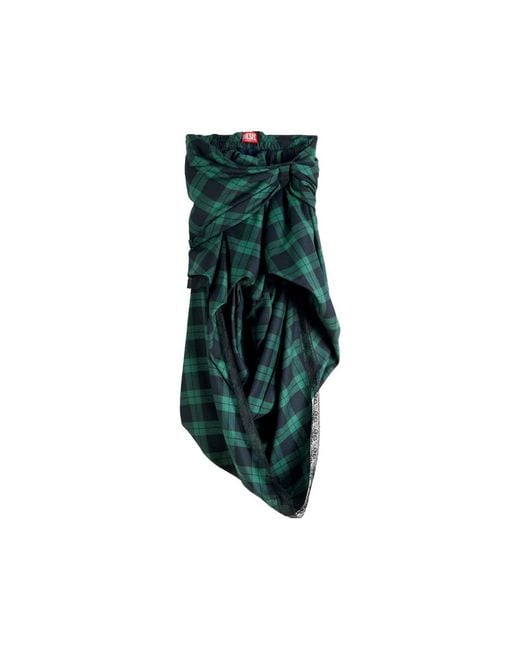 DIESEL Green Draped Tartan Midi Skirt With Lace-Trim