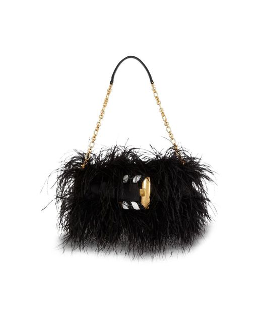 Balmain Black Anthem Feather-Detail Shoulder Bag