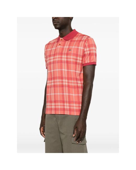 Vivienne Westwood Pink Check-Pattern Orb-Embroidered Polo Shirt for men