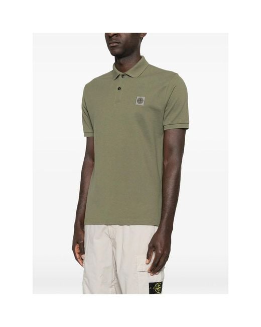 Stone Island Green Button Logo-Patch Polo Shirt for men