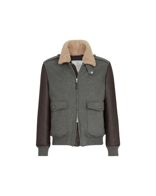 Brunello Cucinelli Gray Bonded Cashmere Beaver Cloth And Nappa Leather Bomber Jacket With Thermore Padding And Detachable Shearling Collar for men