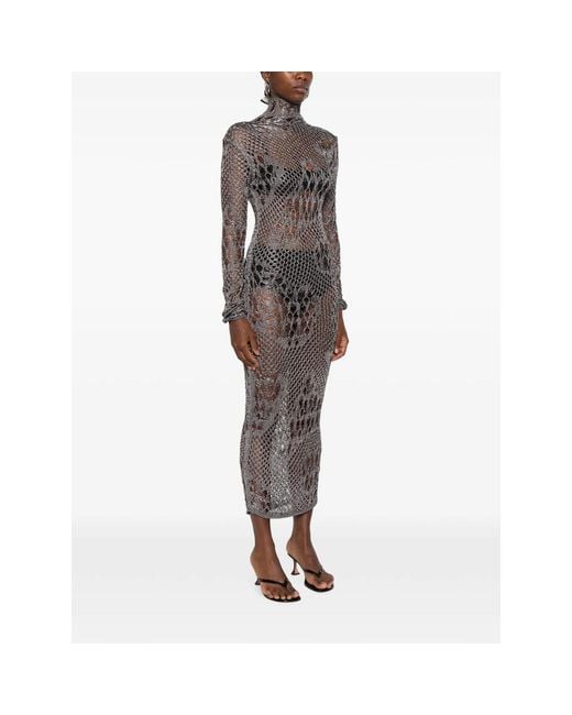 Dondup Brown Open-Knit Long-Sleeved Midi Dress