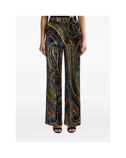 Etro Black Straight-Leg Velvet Trousers With Paisley Motif