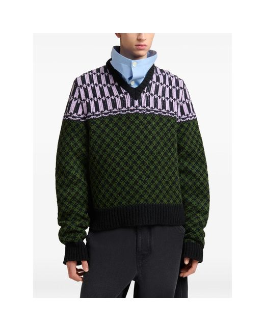 Marni Green Jacquard-Knit Geometric-Motif Sweater for men