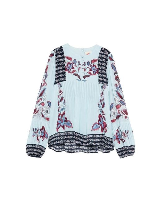 Farm Rio Blue Marcelle Floral-Print Pleated Blouse