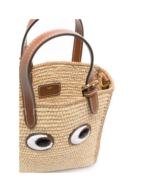 Anya Hindmarch Natural Eyes-Embroidered Raffia Tote Bag