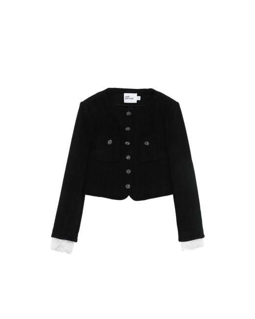 Self-Portrait Black Lace-Trimmed Button-Up Cropped Jacket