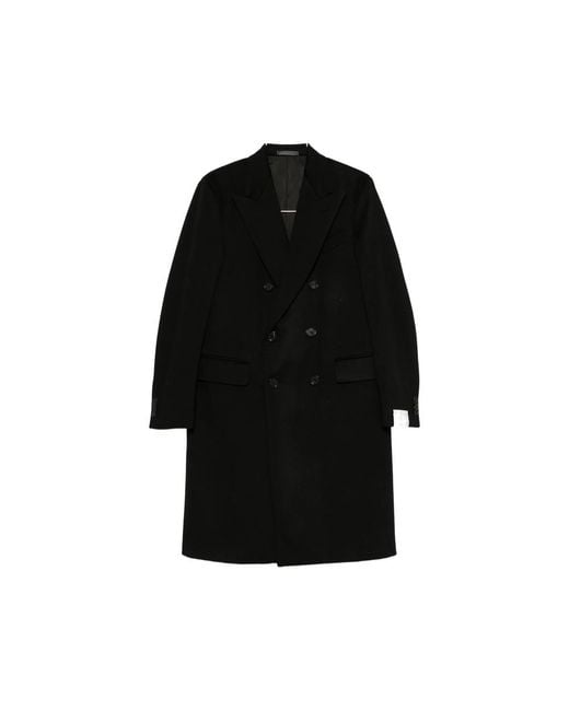 Caruso Black Double-Breasted Peaked-Lapel Coat for men